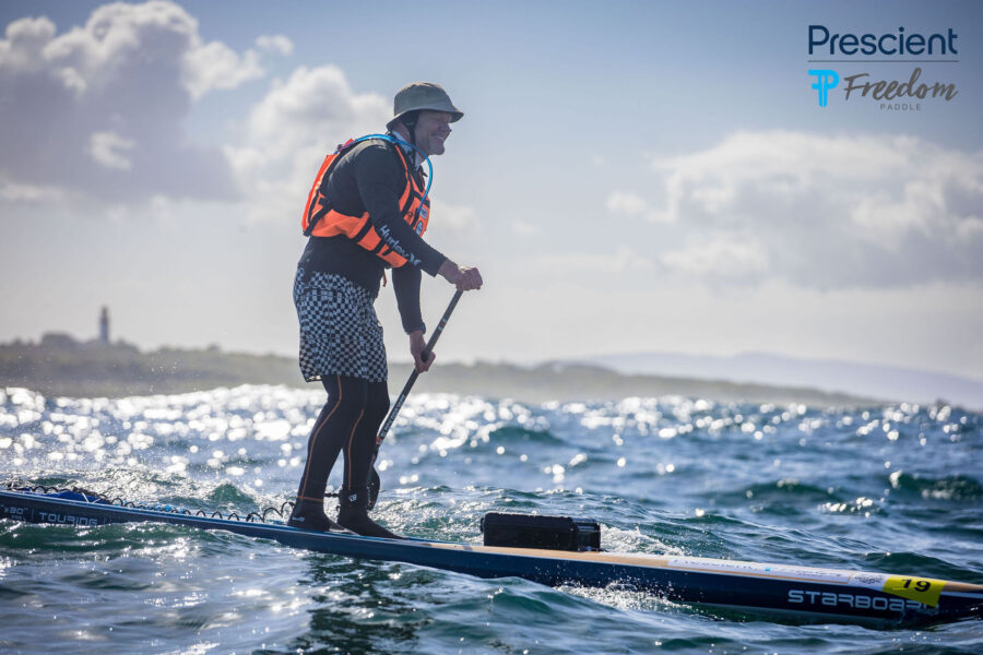 Brian Roberts on his Starboard SUP paddling through choppy conditions at the 2026 Prescient Freedom Paddle around Robben Island