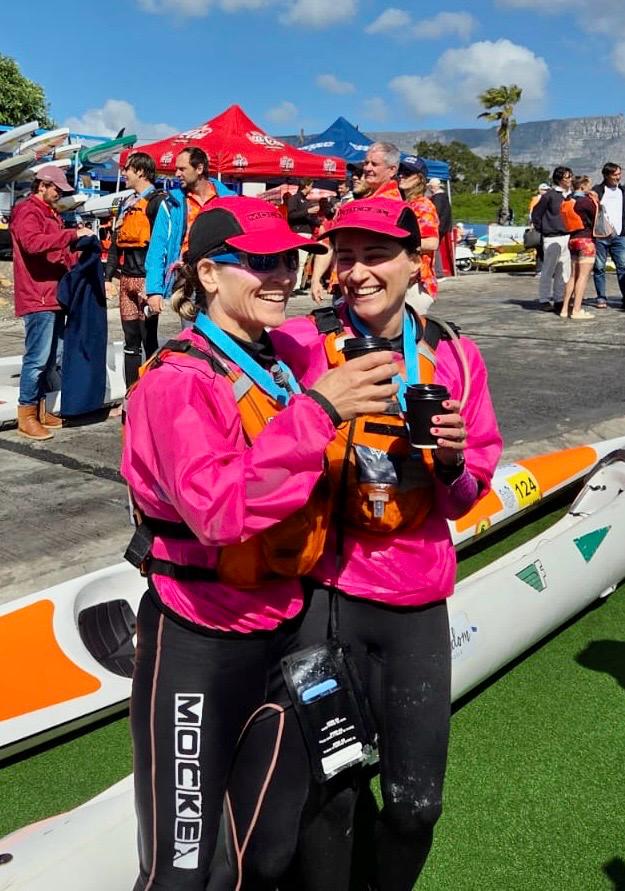 Bridget Boulle and Angela Taylor celebrating at the finish of the 2026 Prescient Freedom Paddle