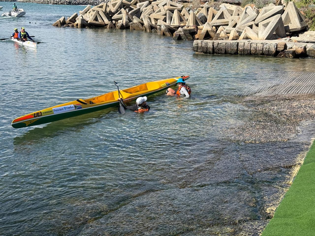 Brigitte Le Court de Billot and Jacqui De Billot paddling the Freedom Paddle 2026 double surfski long course - out on the water