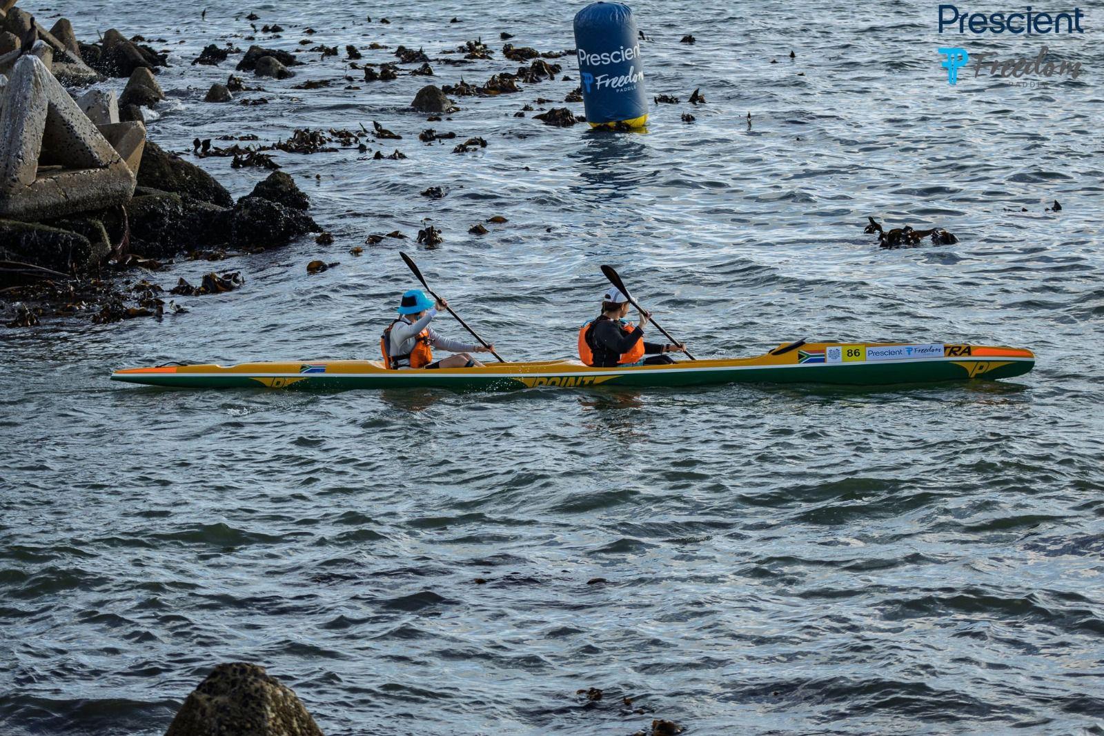 Brigitte Le Court de Billot and Jacqui De Billot paddling the Freedom Paddle 2026 double surfski long course - approaching the finish
