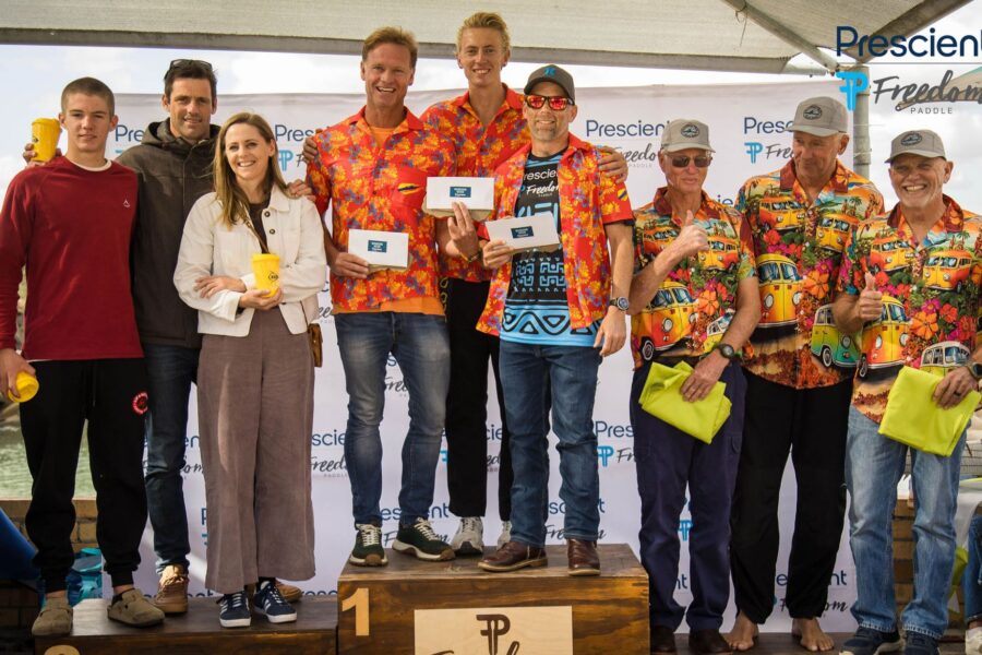 Rob Gemmell, Kimball Pitcher and Brian Wheal on the podium at prize giving for the 2026 Prescient Freedom Paddle S3 long course, finishing 3rd