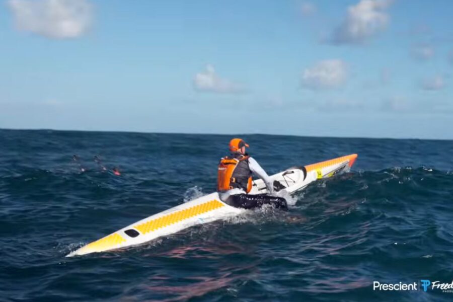 Thomas Altmann paddling his single ski through rough seas at the 2026 Prescient Freedom Paddle around Robben Island